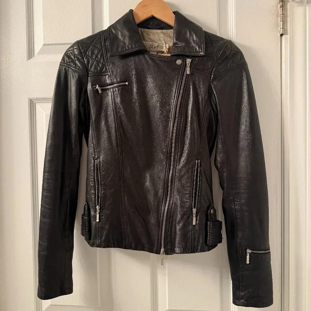 Black Leather Jacket with Diagonal Zipper, Blink (Danier), Size 2XS - Picture 3 of 8